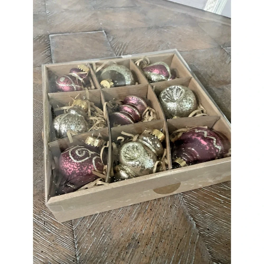 Vtg Set of 9 Ashland‎ Glass Glitter Frosted Pink Gold Christmas Ornaments NIB